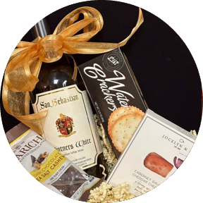 Gift basket showing wine and food items